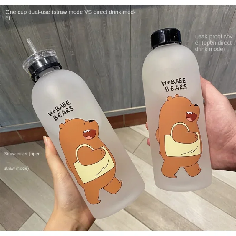 1L Kawaii Cute Plastic Water Bottle Panda Bear Frosted Cup with Lid Straw Cartoon Leak-Proof Drinking Bottle Drinkware Shaker