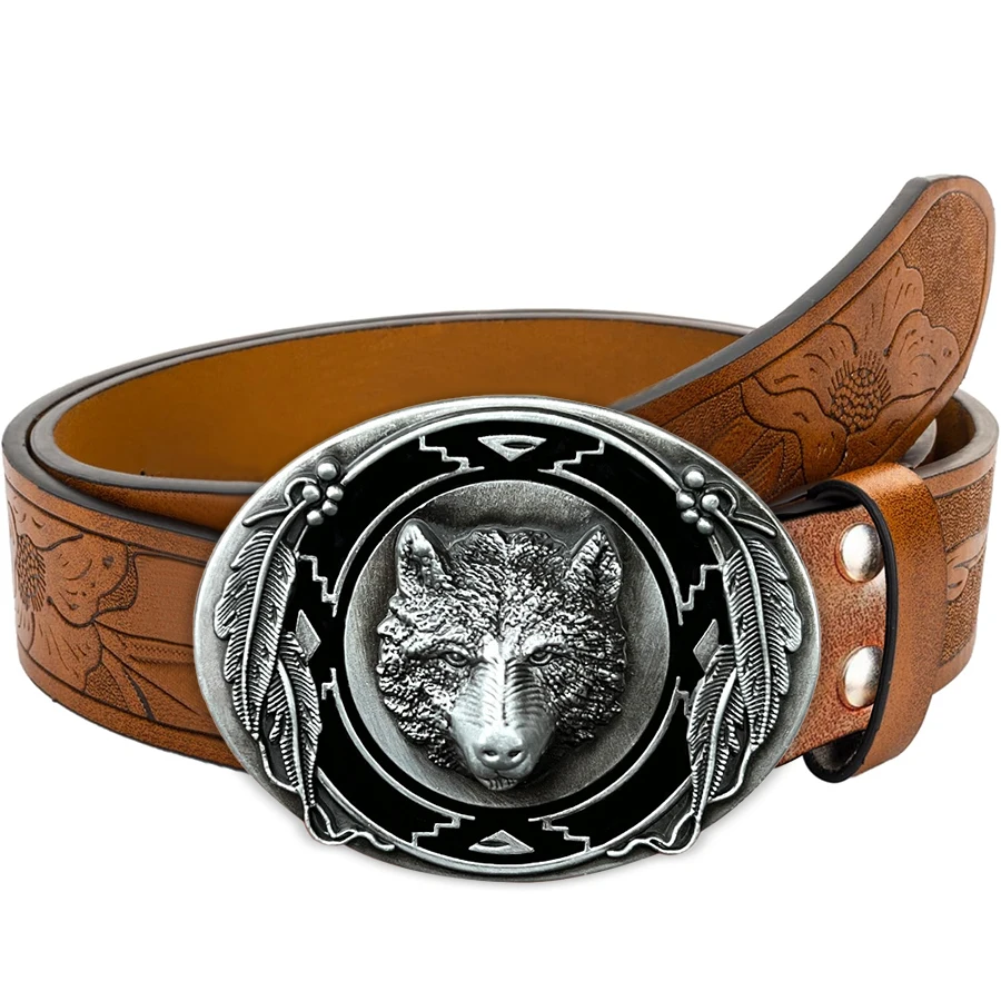 1pc Men's Western Style Belt, Wolf Head, Carved Floral Patterns and Long Horn Decorations, Retro Style, Great Valentine's Day Gi