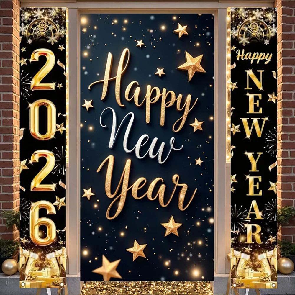 2026 Happy New Year Decorations Black Gold Hanging Door Banner Couplet Photography Backdrop Family Party Prop New Year 2026 Gift