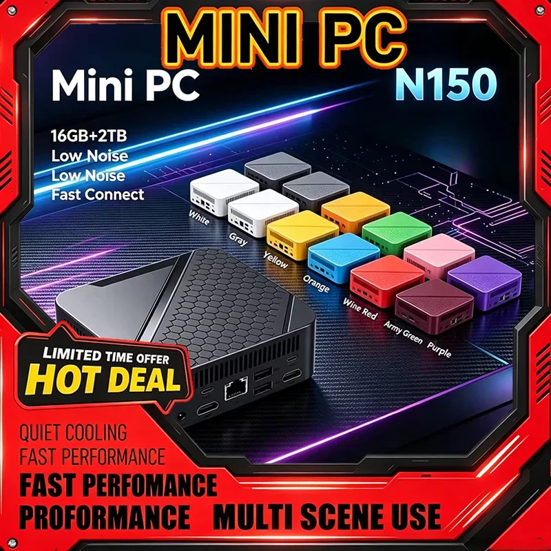 Multi-Color Mini PC Intel N150 16GB 2TB Storage Windows 11  WiFi6 BT5.2 Reduction Compact Desktop for Gaming Office Home Study