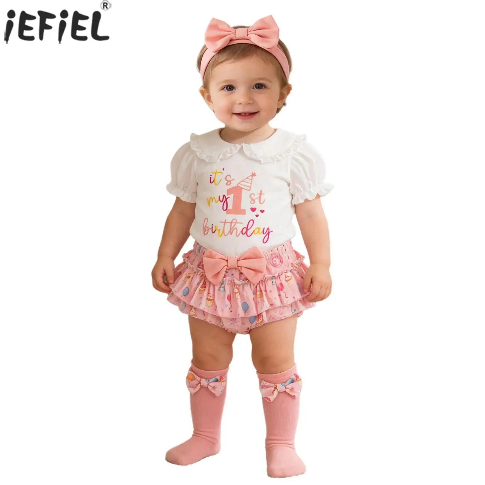 

Наряды на первый день рождения для маленьких девочек: комбинезоны с короткими пышными рукавами и милым принтом, юбка с бантом, повязка на голову, носки для вечеринки и фотосессии