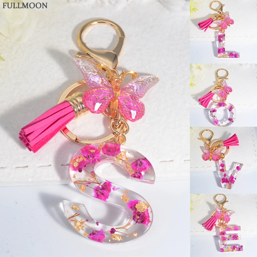 Dried Flower 26 Letter Keychain Glitter Rose Butterfly Charm Initial Name Keyring for Women Bag Pendant Handmade Christmas Gifts