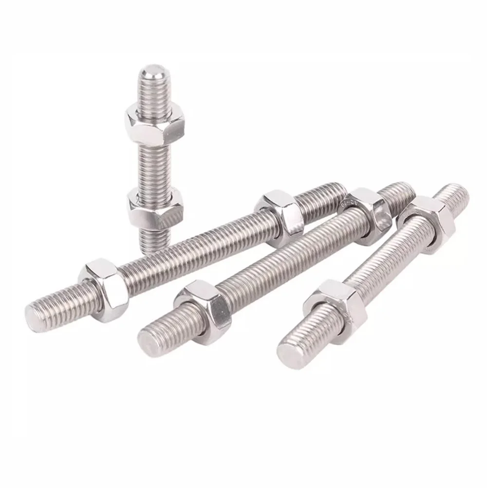 1-20Set Right Thread Double Nut Thread Rod 304 Stainless Steel Bolts Screw M3 M4 M5 M6 M8 M10 M12 M14 M16