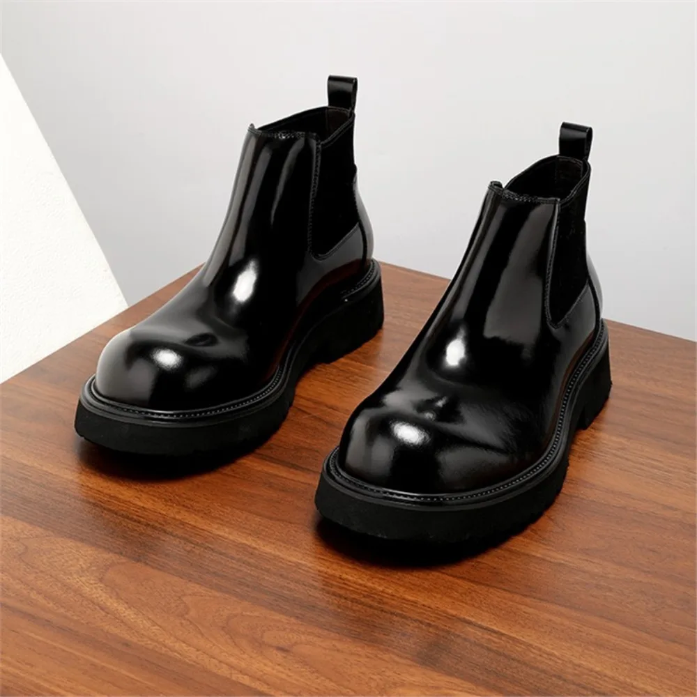 Genuine Leather Boots for Men Premium Glossy Topped Chunky Sole High Top Thick Soled Leather Ankle Boots