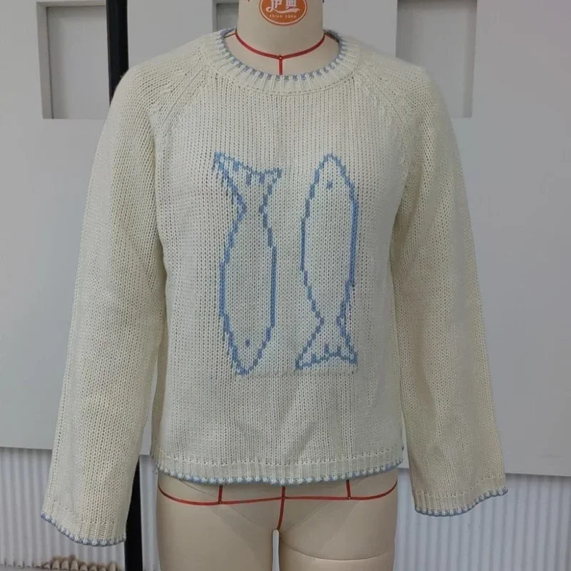 Y2K Ästhetischer Fisch Kontrastfarbe Warmer Pullover für Herbst Winter Strickwaren Strickpullover Vintage Langarm Pullover mit Rundhalsausschnitt