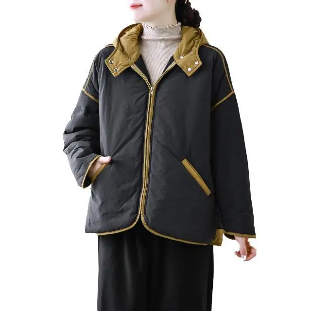

2025 Autumn/Winter New Women's Oversized Down Cotton Jacket Splicing Casual Hooded Cotton Jacket