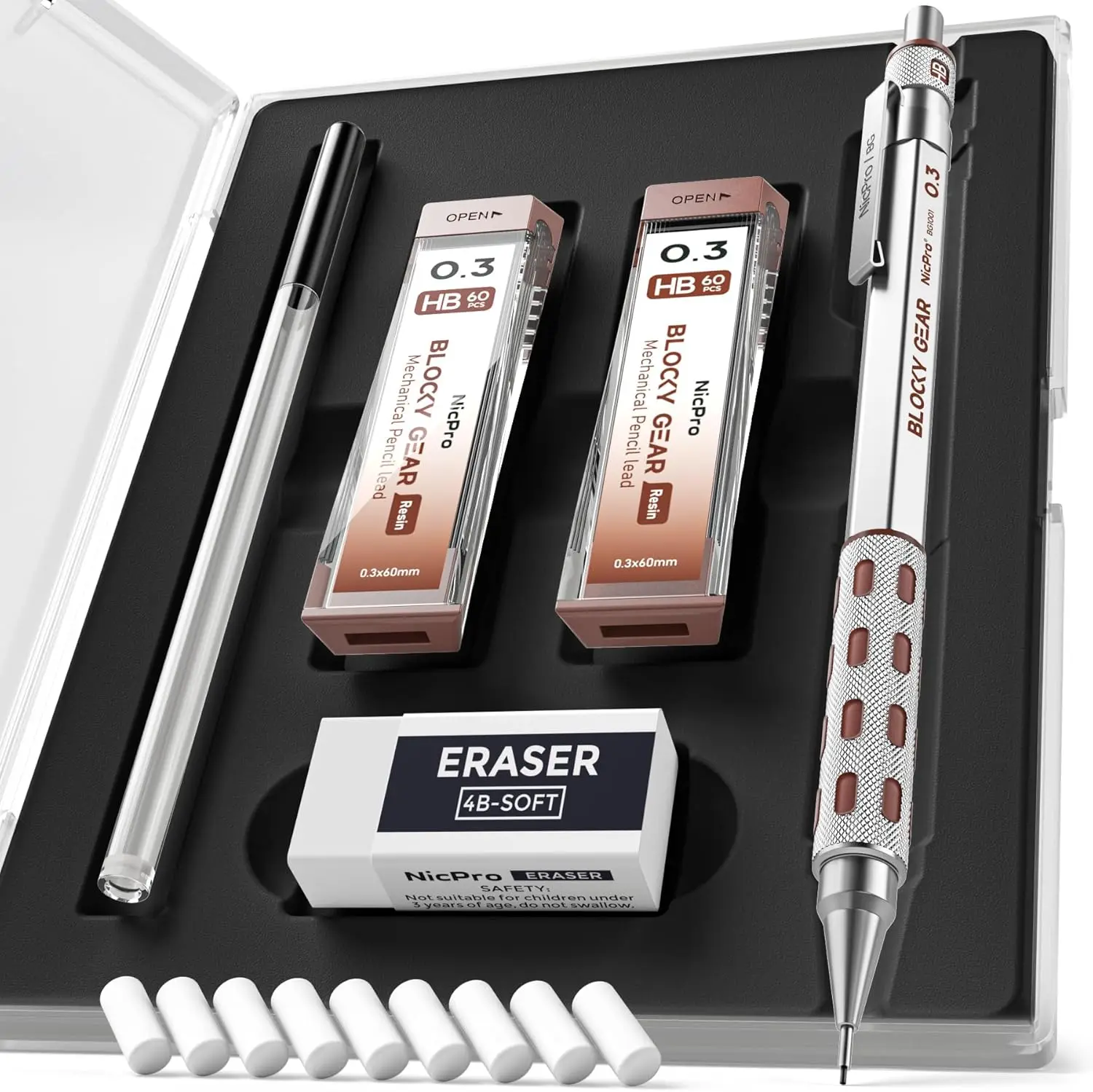 

0.3mm Mechanical Pencil Set with Metal Case, Lead Refills, and Erasers for Professional Art and Drafting