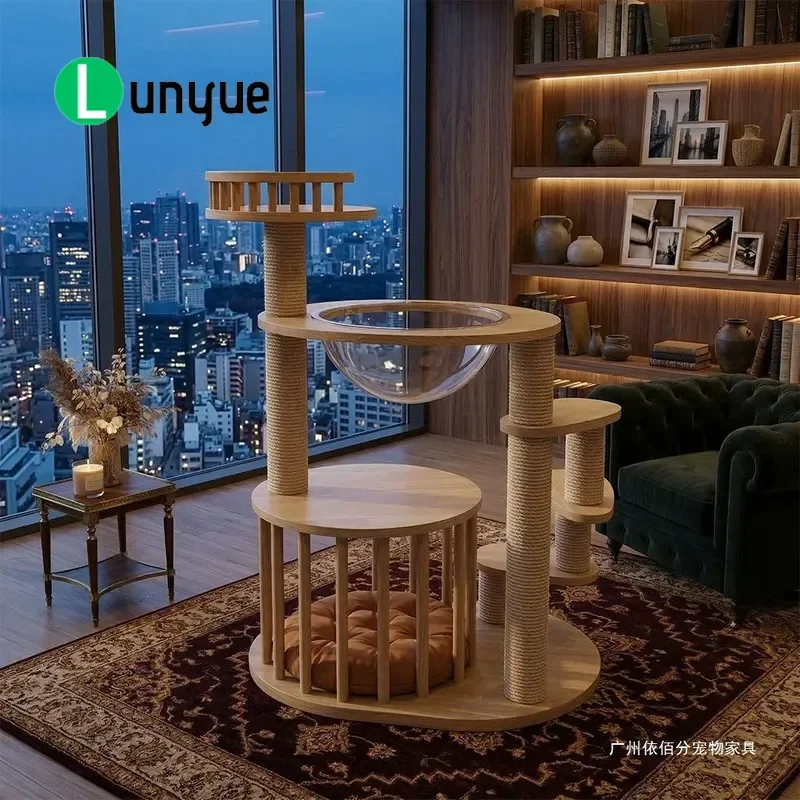Nordic Space Capsule Cat Tree Solid Wood Multi Layer Cat Climbing Frame with Nest Villa Toy Shelf for Small Cats Home