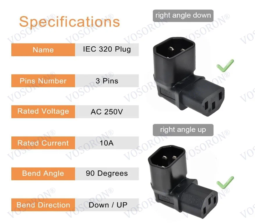 IEC 320 C14 to C13 Right Angle AC Adapter,  IEC 3Pole Male to Female 90Degree Down/ Up Angle AC converter 250V 10A