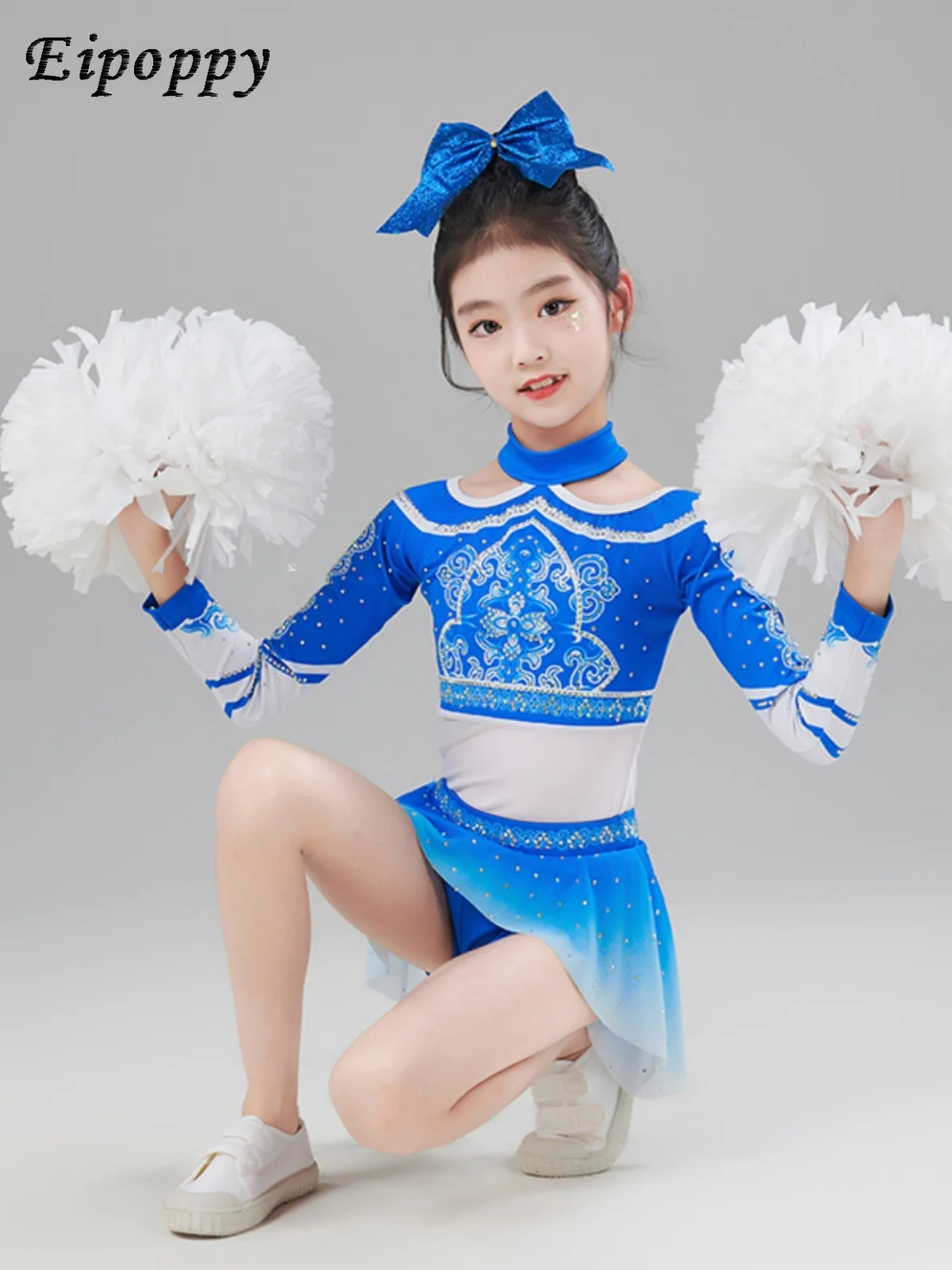 New Women's Blue and White Porcelain Children's Cheerleading Performance Clothes Hot Drilling Personality Cheerleading Campus