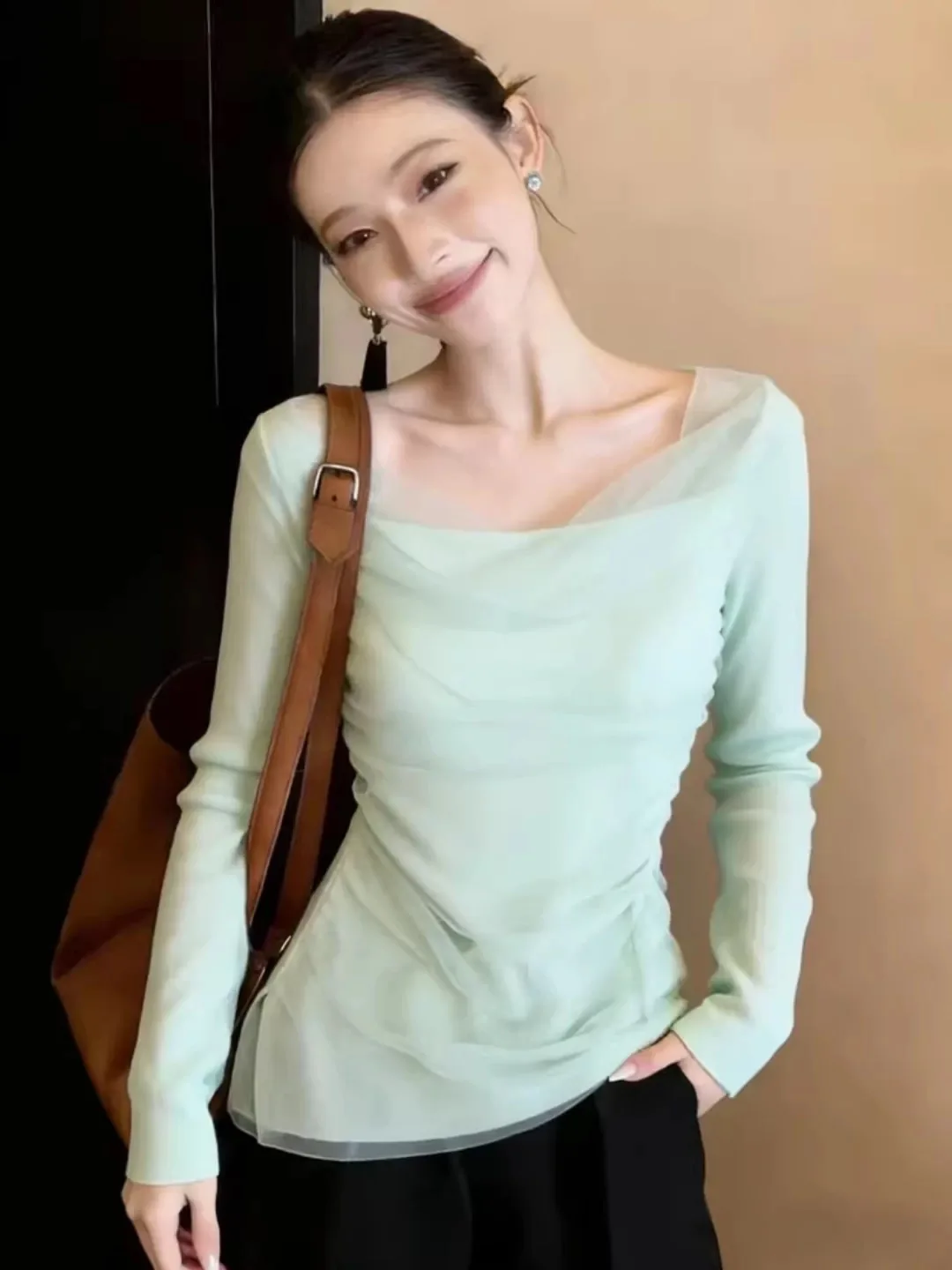 Mint Green One-Shoulder Knitted Sweater Women's Style Splice Mesh High-End Feeling Spring Season Breathable Comfortable Top