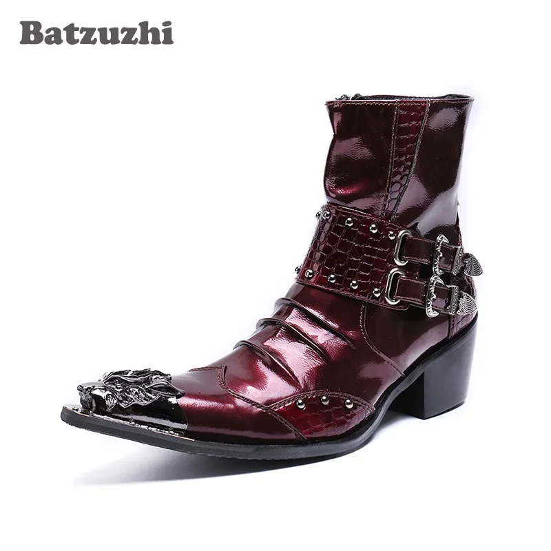 

Batzuzhi Western Мужские ботильоны в стиле панк с острым металлическим наконечником и пряжками Мужские ковбойские сапоги с высоким берцем Botas Hombre 6,5 см на каблуке, US12