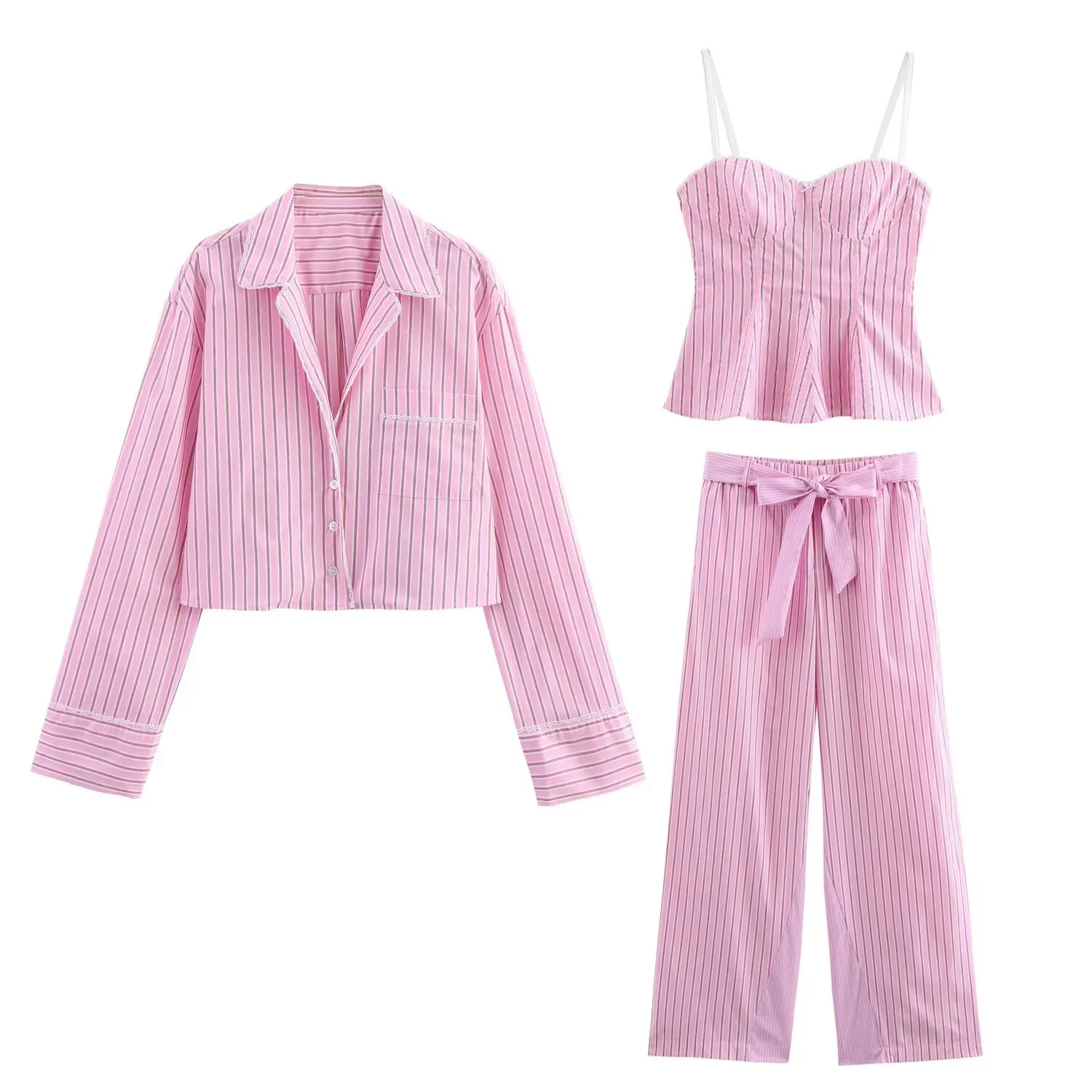 

UNIZERA Women's Versatile Collar Striped Shirt with Belt Casual Pants Spring New Style Three Piece Set