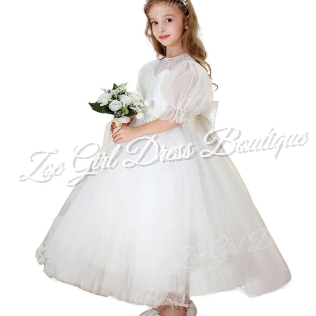 White Puff Half Sleeve Lace Neck Embroidered Tulle Flower Girl Dress Back Bow Gown Wedding Birthday First Communion Customized