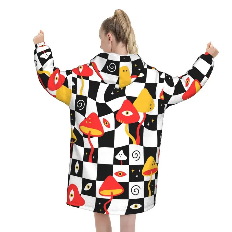 Magic Mushrooms and Melt Geometry Cells Wearable Blanket Hoodie Women Warm Fleece Hooded Blanket Oversized Pullover Sweatshirt