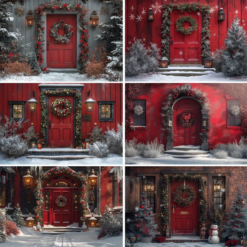 

Mocsicka Christmas Winter Backdrops for Photography Red Wall and Door Snow Xmas Tree Wreath Kids Portrait Photo Background Props