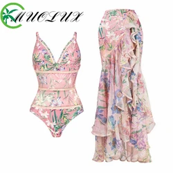 2024 2Pcs Ruffle One Piece Swimsuit With Cover Up Sexy Swimwear Women Floral Print Monokini Kimono Bikini Suit Summer Beachwear
