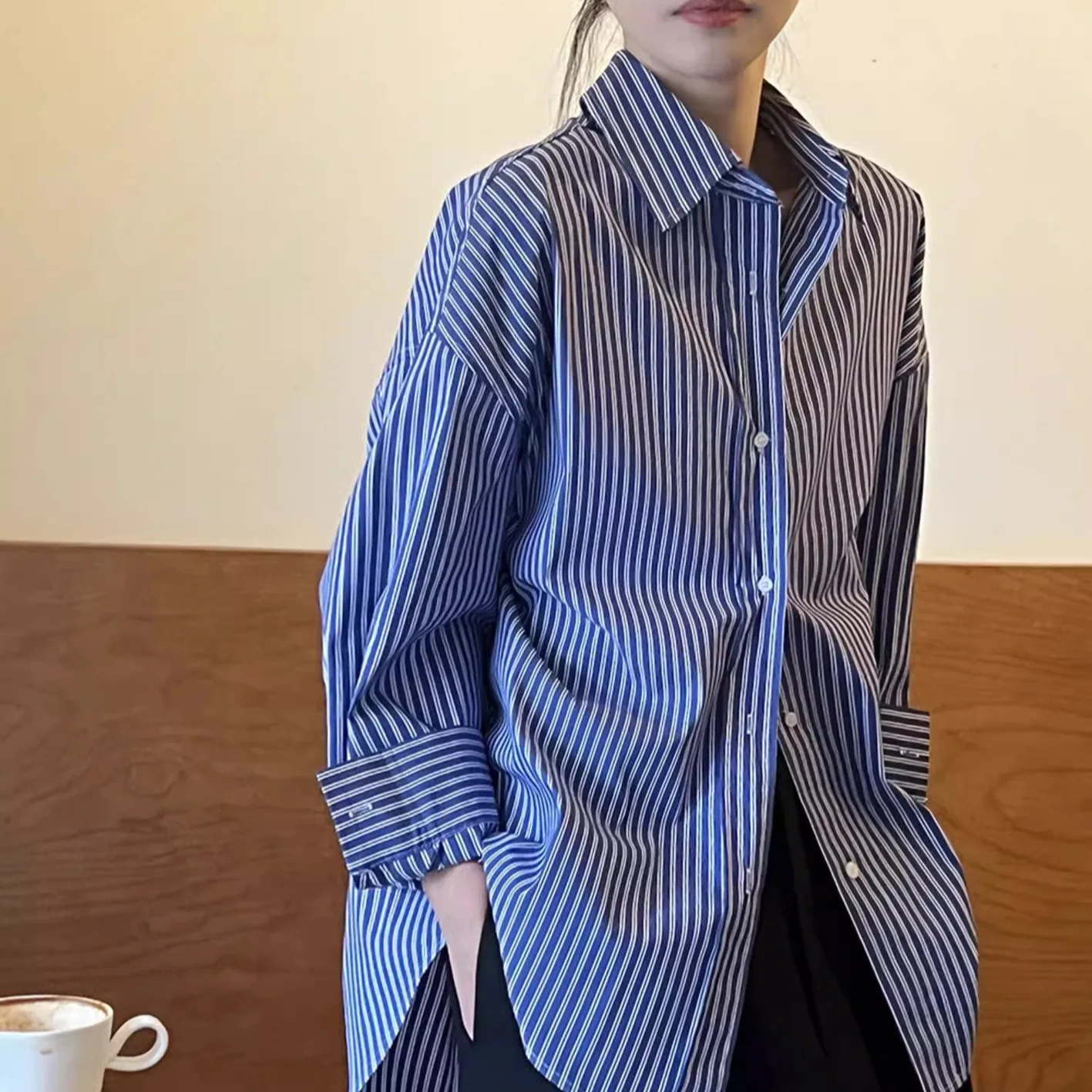 

Blouses Women Shirt Turn Down Collar Lantern Sleeve Tops Striped Y2k Streetwear Elegant Splice Shirts Casual Loose Spring 2026