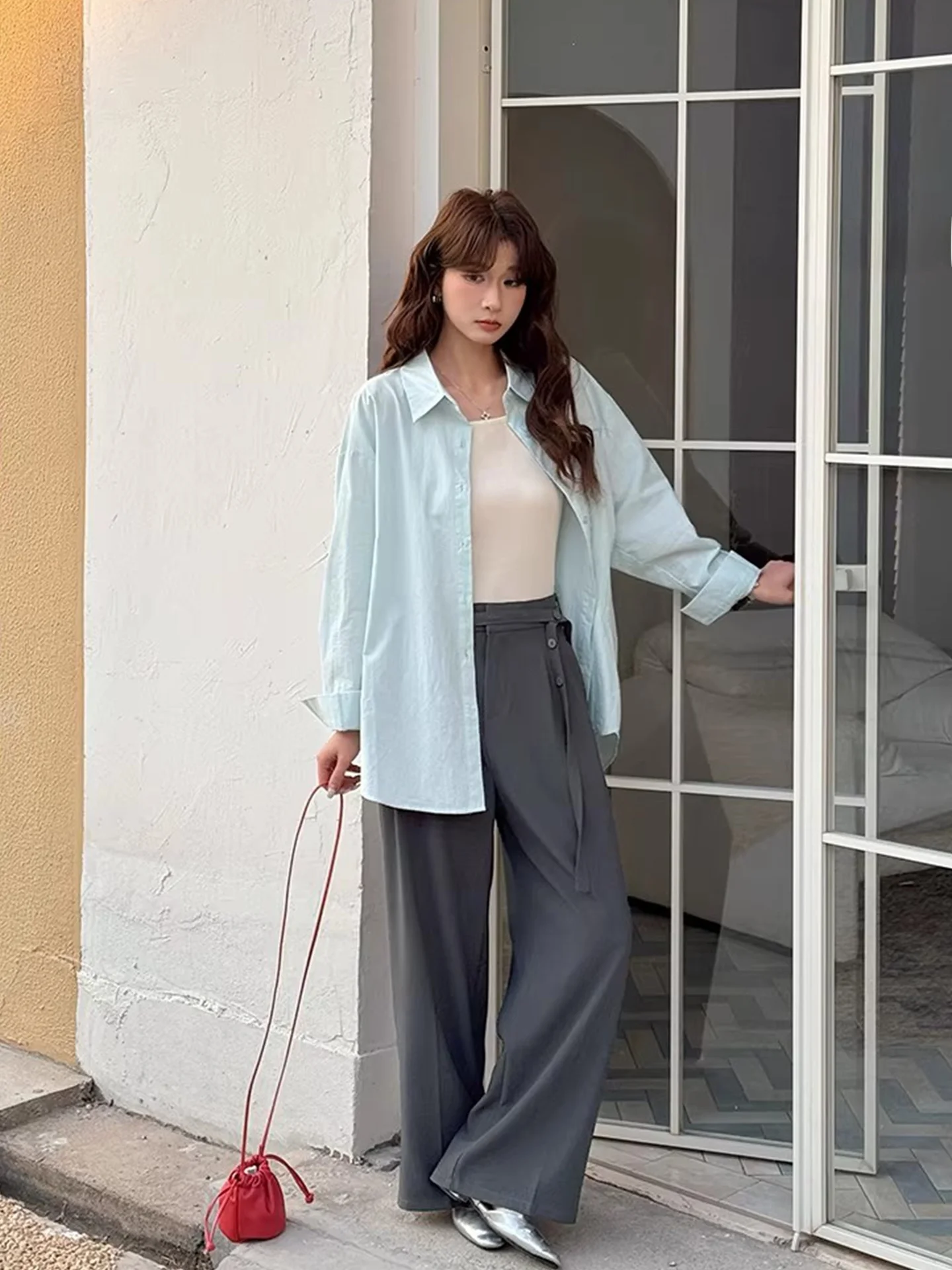 High Waist Tuxedo Pants Women's Casual Loose Fit Floor Length Design Sense Wide Leg Pants Commute Sle Polyester Fiber