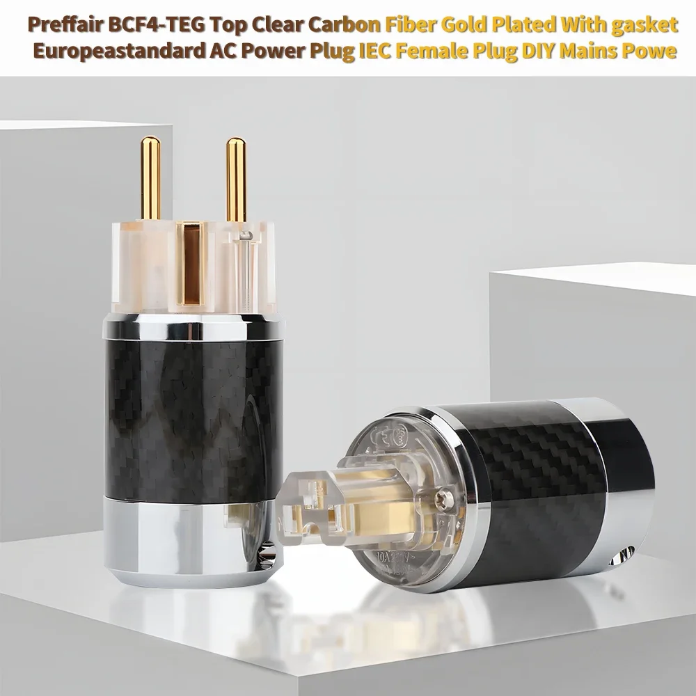 

Preffair BCF4-TEG Top Clear Carbon Fiber Gold Plated With gasket European standard AC Power Plug IEC Female Plug DIY Mains Powe