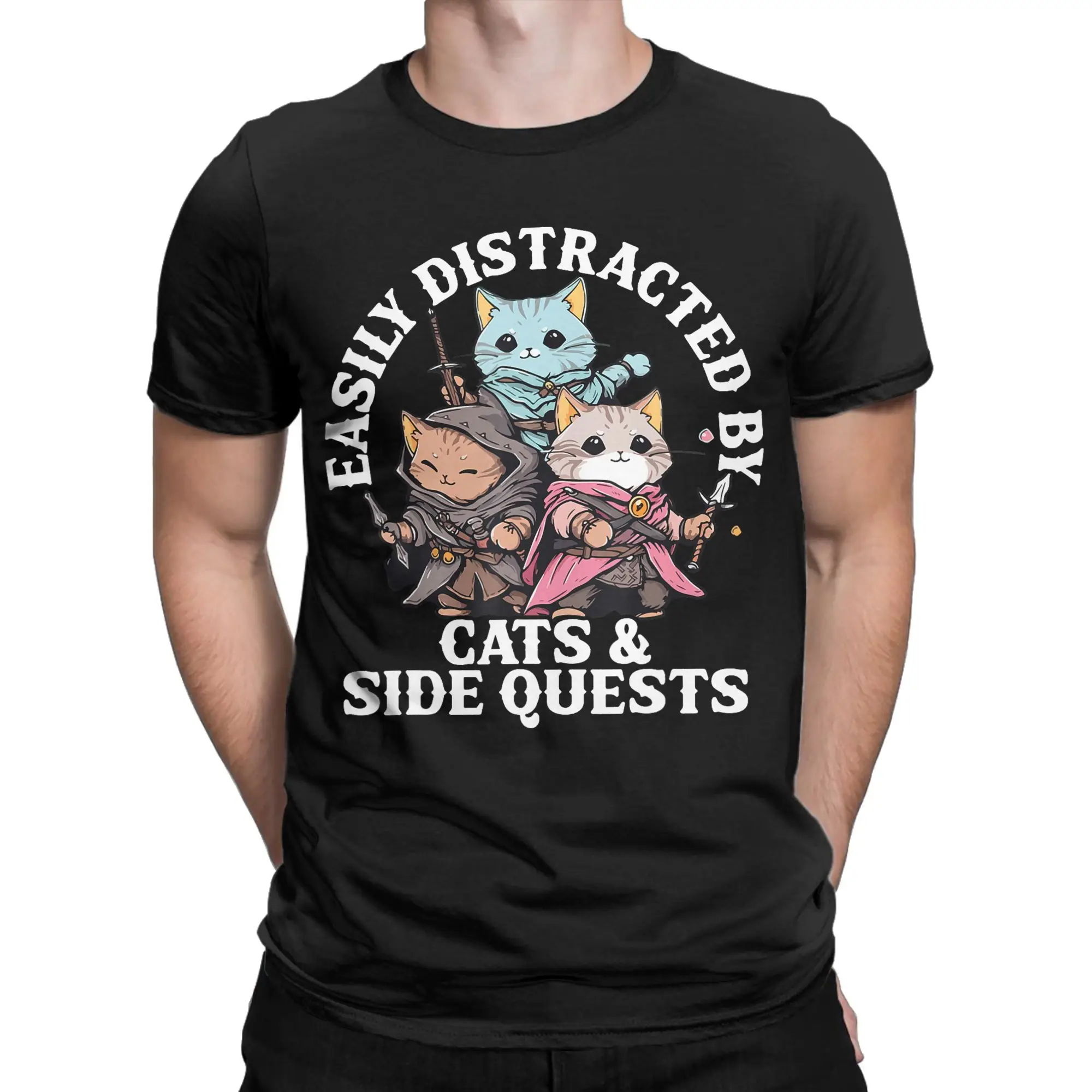 Men T-Shirts Cats Side Quest Distracted Tabletop Funny Creative 100% Cotton Tee Shirt Short Sleeve  T Shirt Crewneck Tops