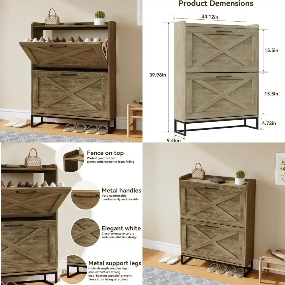 

Clearance Sale - Freestanding Metal Leg Shoe Cabinet, Flip Drawers, Narrow Farmhouse Style Storage Organizer
