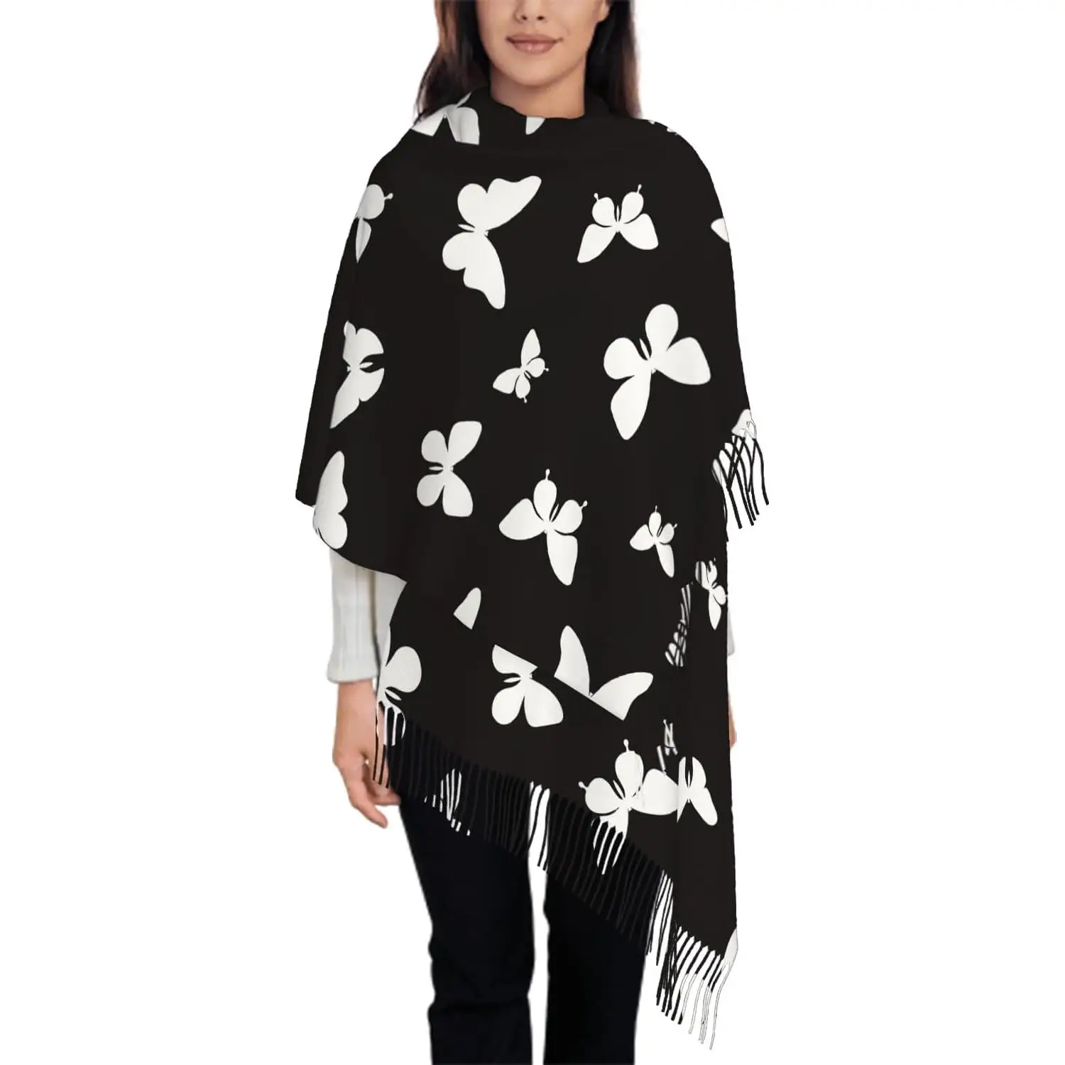 

Шарф для женщин Белая ромашка Цветочный акварельный цветок Серый шарф Шарфы с кисточками Осень-зима Шаль Подарки Повседневные Путешествия Офис