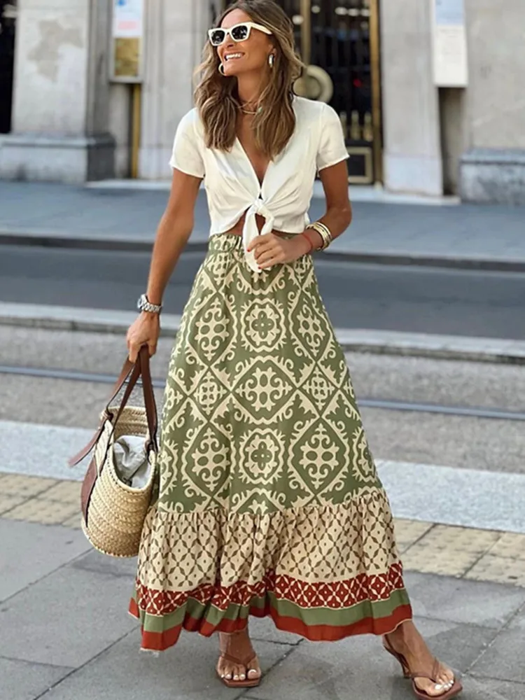 

SKMY Long Skirts 2025 New Summer Vacation Outfits Fashion Printed Loose Patchwork Elasitc Waist A-Line Skirt Clothes For Women