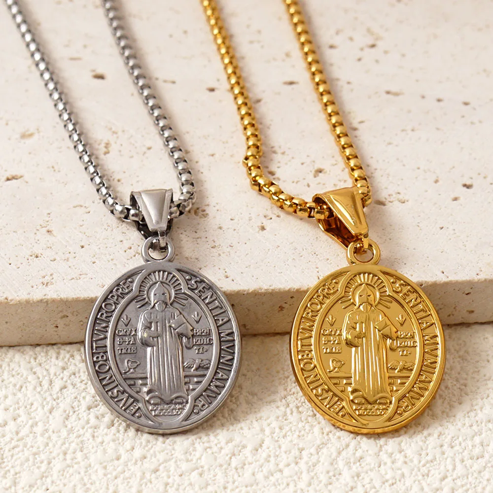 Collar de San Benito de acero inoxidable, Gargantilla con medalla de San Benito de Metal de Color dorado/plateado, collar para mujer