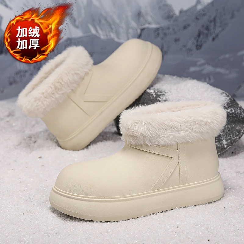 Botas de nieve de caña alta con suela gruesa para mujer, botas cortas de cuero con forro de piel, botas de algodón cálidas, zapatos de invierno, suela de goma.