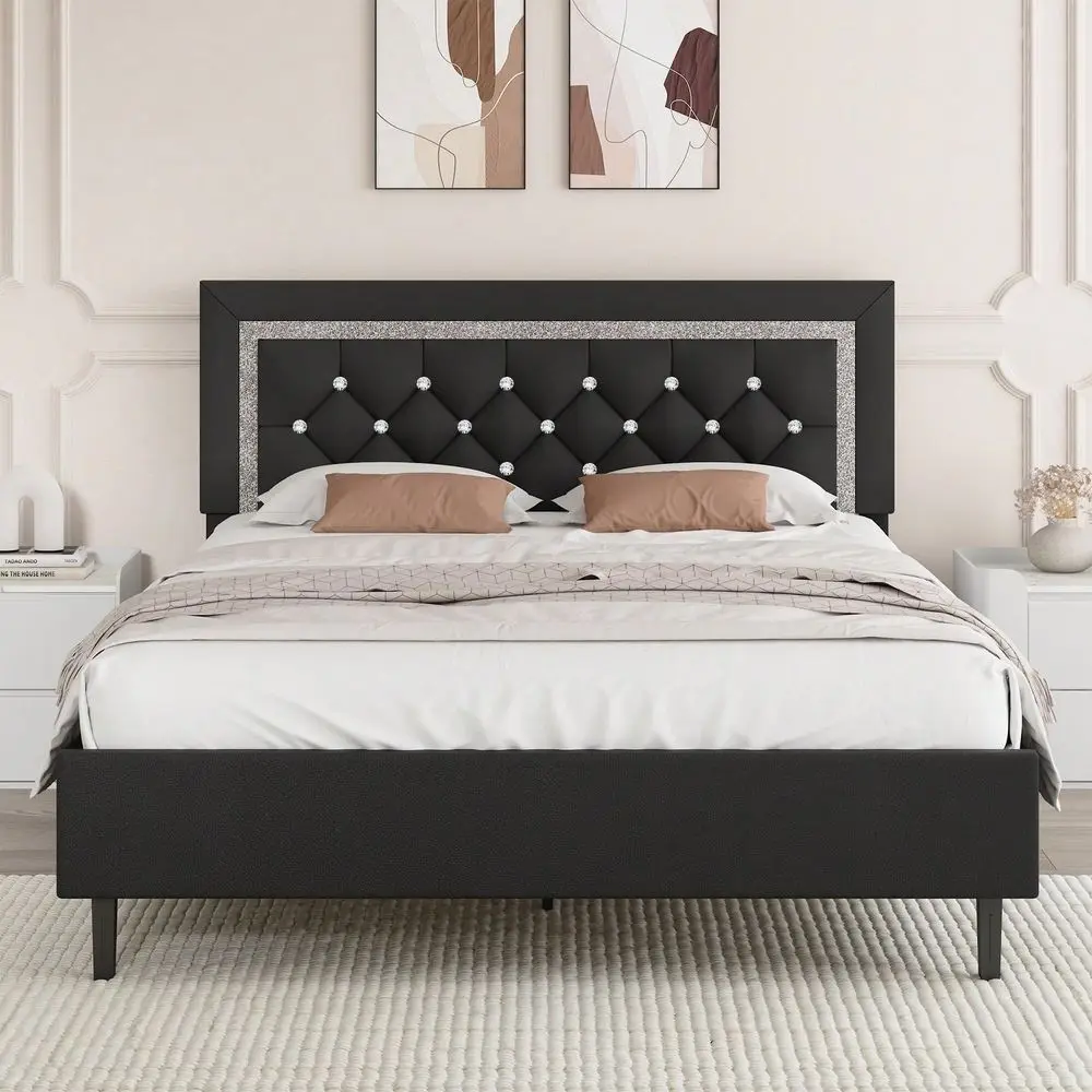 Full Queen Bed Frame With Headboard, Modern Upholstered Bed Frame With Diamond Tufted Headboard, PU Leather Bed Frame, No Box Sp