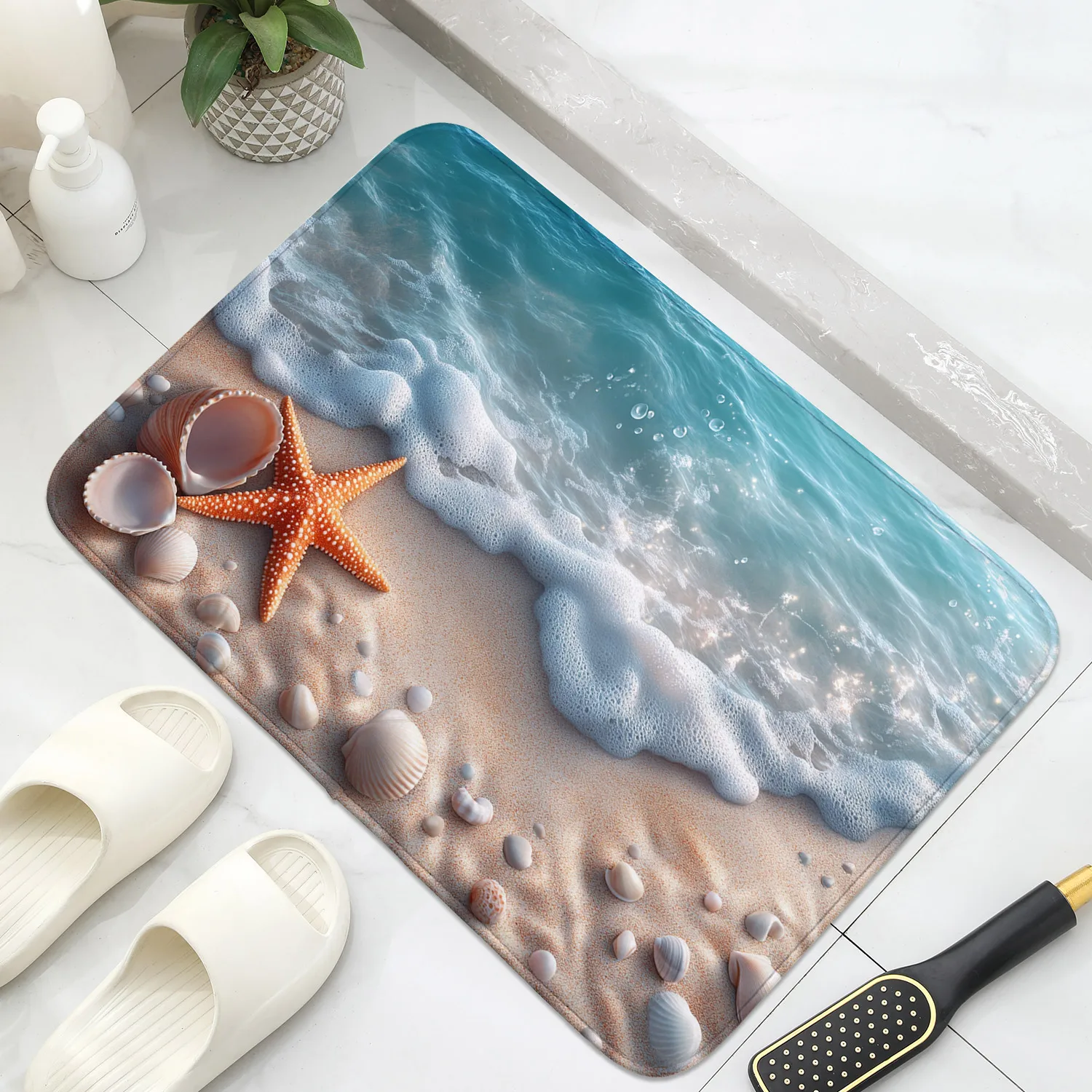 1 Piece Bath Mat-Non-Slip, Quick-Drying, Waterproof Polyester Door Mat, Beach Wave Design, Ideal for Bathroom, Bedroom, Kitchen,