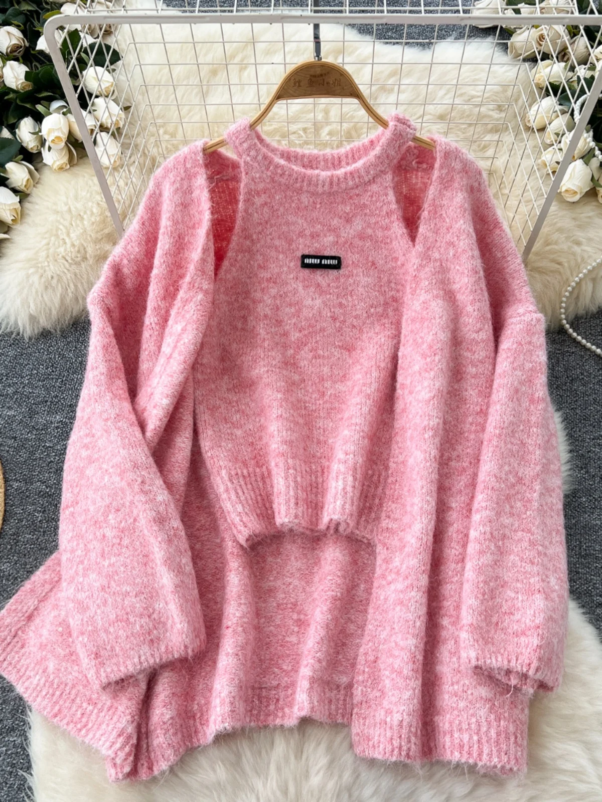 Gagaok Gentle Sweet Women Sweater Cardigans Vest Sets 2024 Autumn Sleeveless Hanging Neck Base Vest+knitted Cardigan Jacket