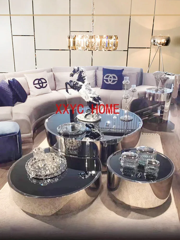 

Minimalist Stainless Steel Tempered Glass Tea Table Modern Simple and Light Luxury Style