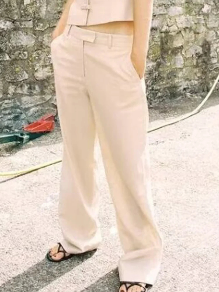 

Women Summer Linen Straight Pants 2024 Casual Solid Low Waist Zipper Female Elegant Street Pant Trousers Clothing