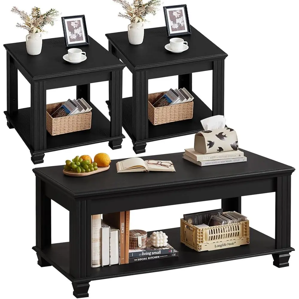 

Rustic 3-Piece Wooden Coffee Table Set, Black, with Open Shelf for Living Room
