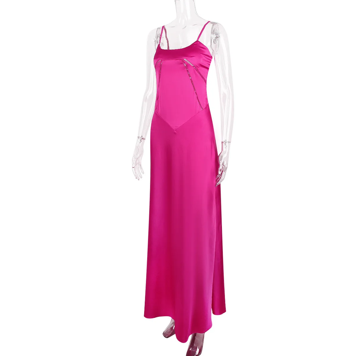 Vestido de noite formal longo de cetim com alças finas e costas abertas