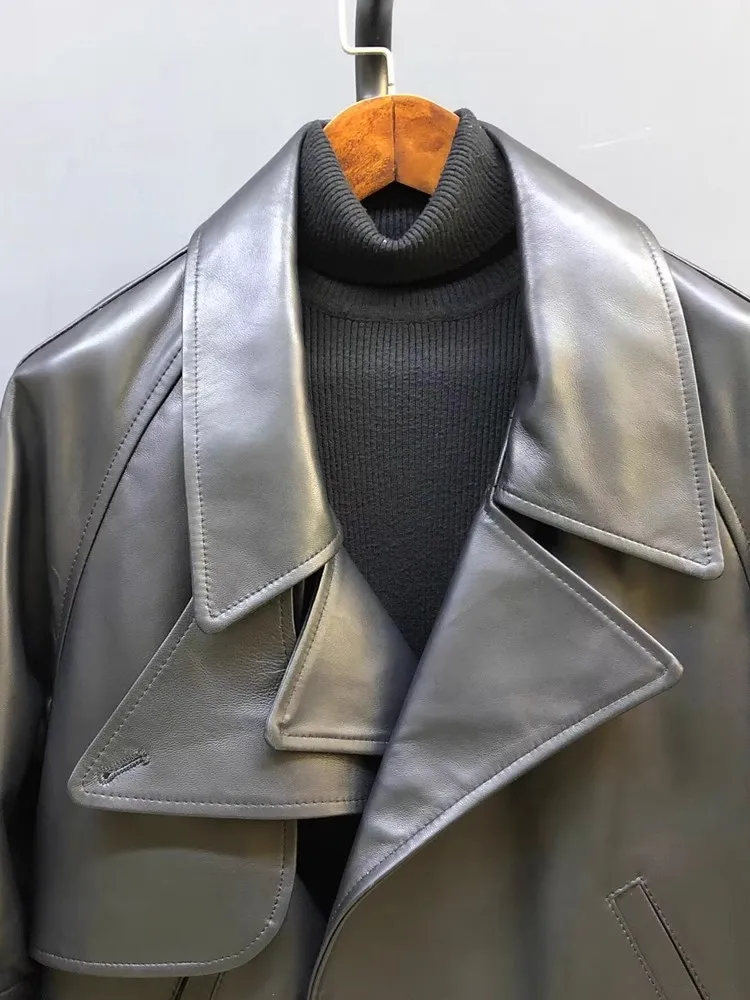 Wysokiej jakości damska odzież robocza Prawdziwa skórzana kurtka Pasek Dwuwarstwowy kołnierz Prawdziwa owcza skóra Długi rękaw Odzież wierzchnia Płaszcz codzienny