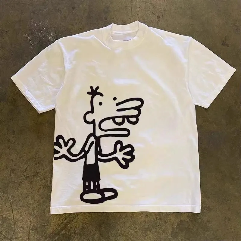 Funny Cartoon Boy Character Graphic T-shirt Men Short Sleeve Vintage 90s Loose Oversized Street Casual Daily Tops