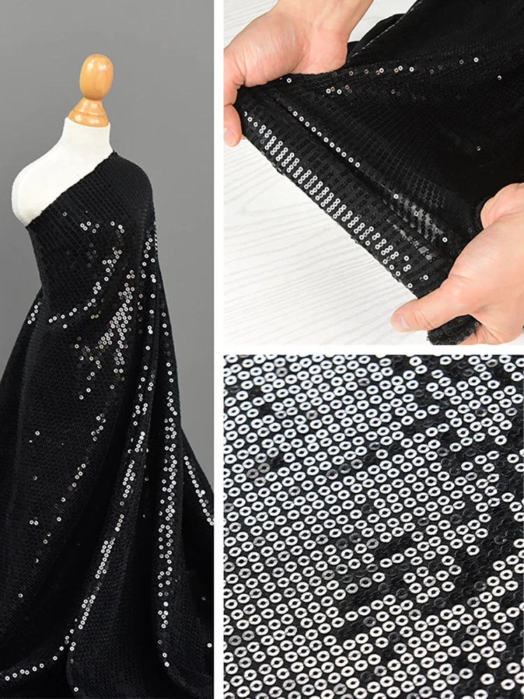 Black High Elastic Sequin Fabric Dress for Women Drape Feel Fashion Fabric for Sewing Material  By The Meters