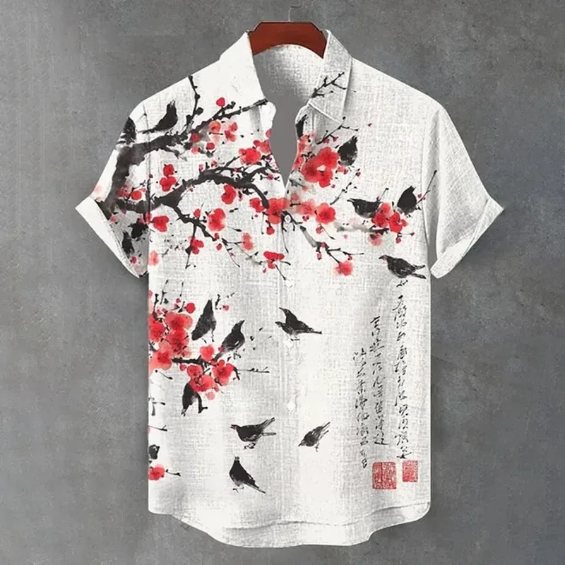 Men's Floral Bird Butterfly Art Print Short Sleeve Shirt Summer Holiday Lapel Collar Retro Style Male Office Clothes Tops Tunics