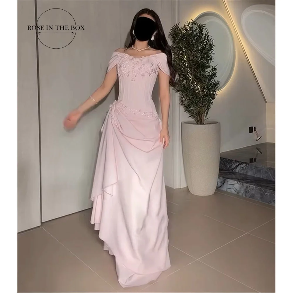 ROSEINTHEBOX Customized Pink Chiffon Evening Dresses with Appliques Off Shoulder Long فساتين سهرة Ruffles Women's Party Dress