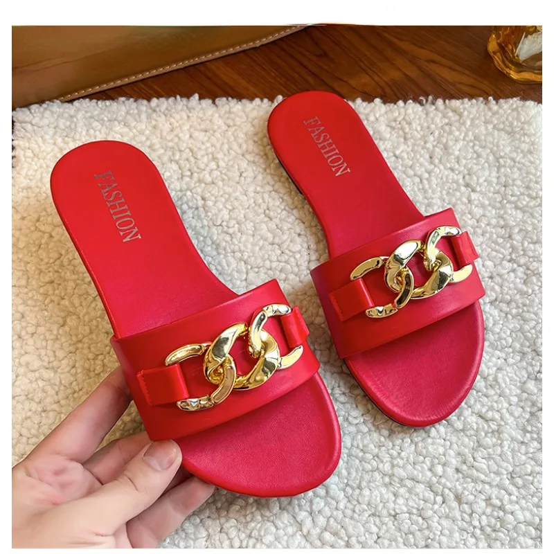 Women Summer Slipper Square Toe Chain Slippers Slip on Flat Slide Sandals Beach Flip Flops Casual Shoes Woman Plus Size