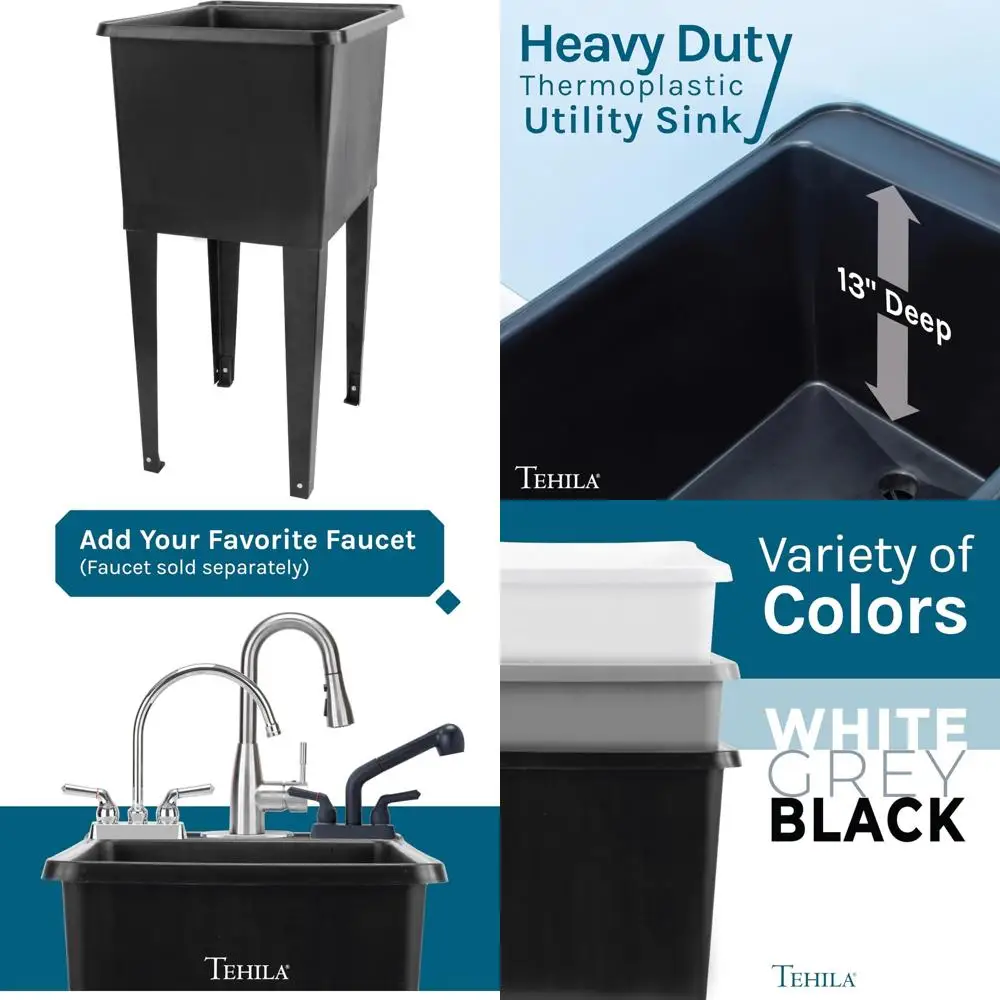 

Space-Saving Laundry Tub with Freestanding Design, Black Metal Legs, and P-Tra Feature for Utility Sink