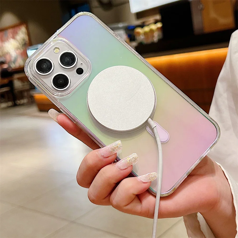 Rainbow Gradient Magnetic For Magsafe Case For iPhone 16 15 14 13 12 11 Pro Max 16 Plus 13 12 Mini Wireless Charging Clear Cover