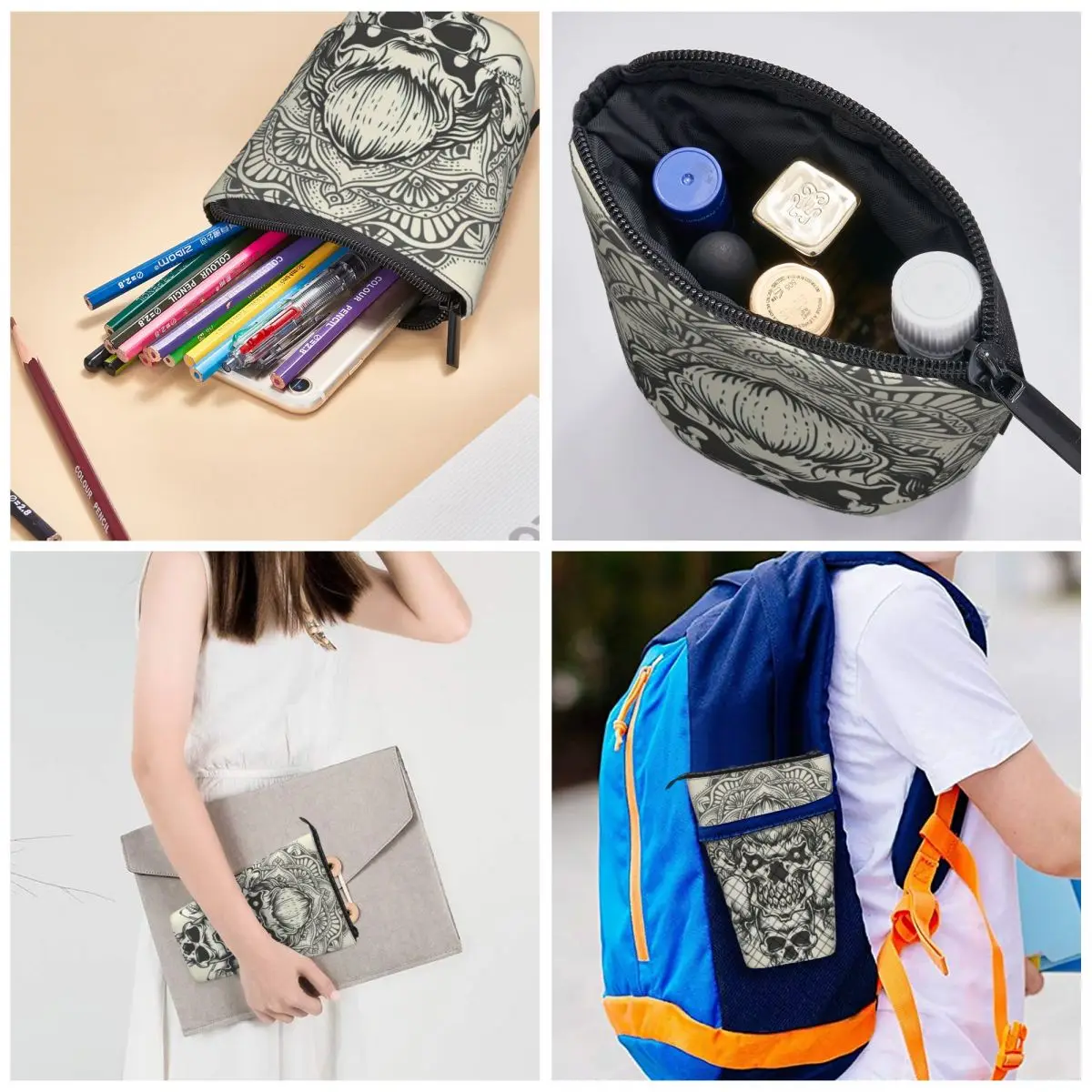 Skull With Vintage Circle Mandala Pen Box Student School Zipper Pen Bag Pencase Vertical Retractable Pencil Case