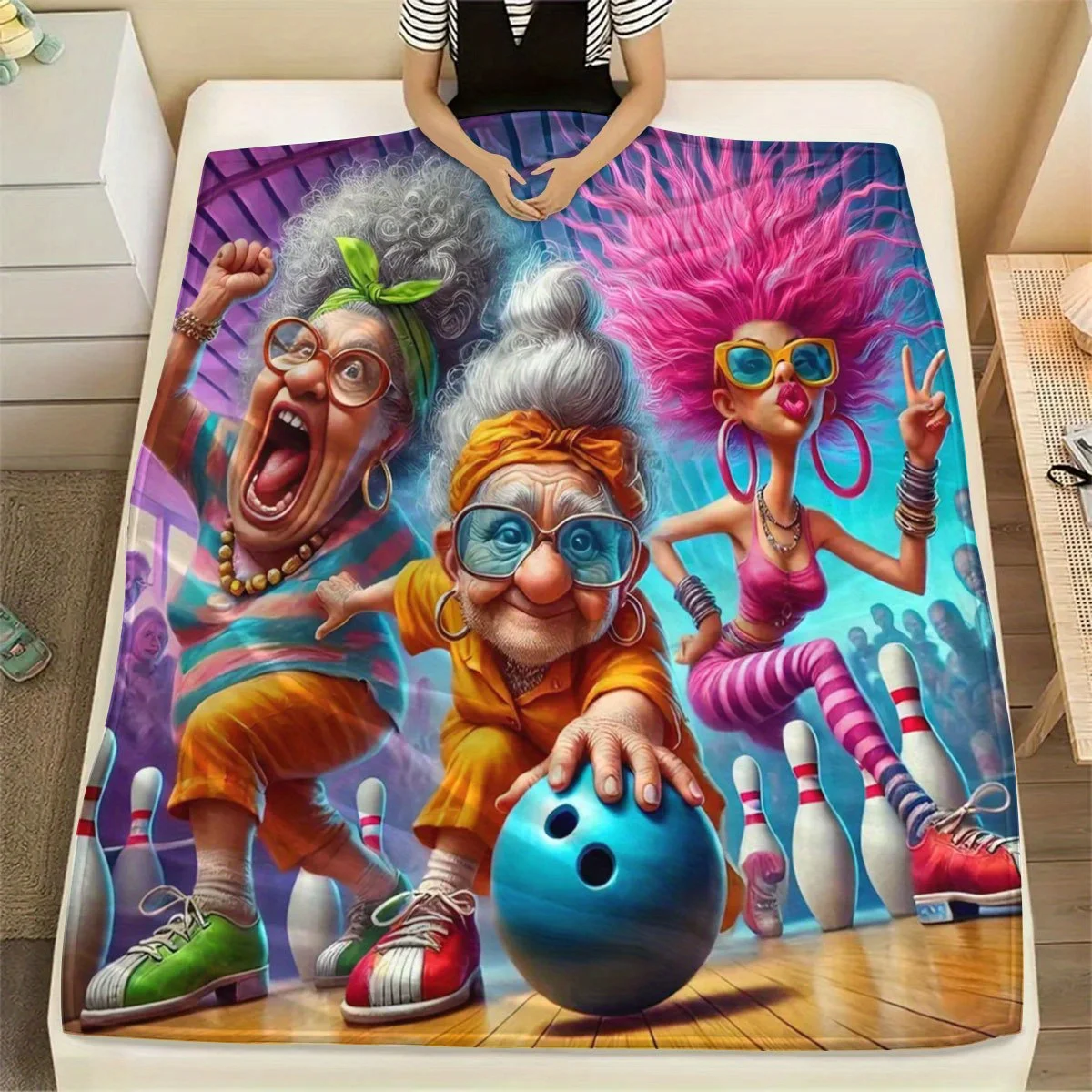 Charming Bowling Grandmothers & Sisters Flannel Blanket - Vibrant, Soft & Cozy All-Season Throw with Playful Cartoon Design, Per