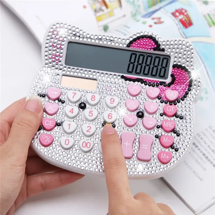 Sanrio Hello Kitty Calculator Cartoon Crystal with Diamond Solar Energy Bow Tie Heart Button Diamond Durable Creativity kid Gift