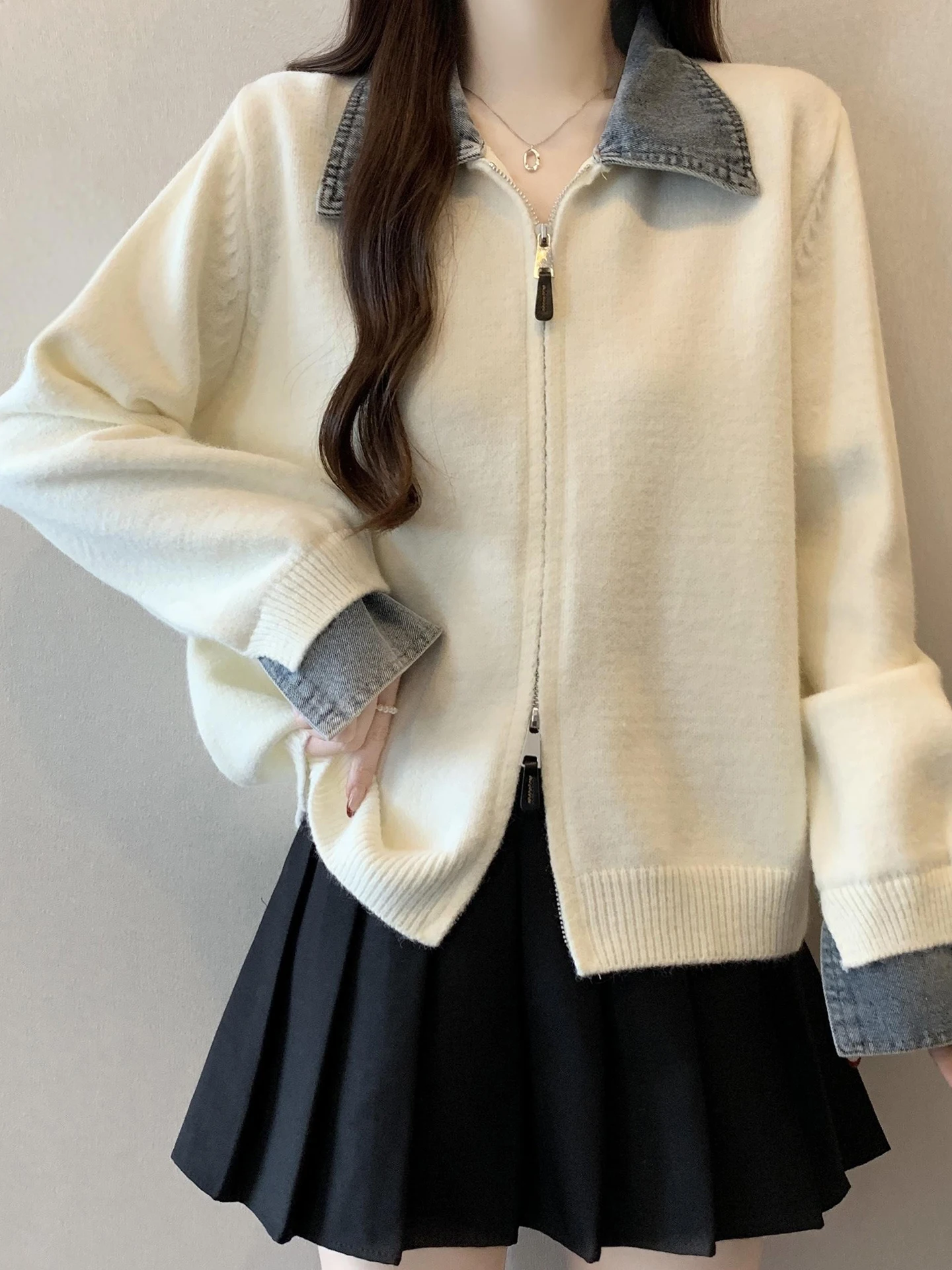 

Женский вязаный кардиган с джинсовым воротником и двойной молнией, осенне-зимний, больших размеров, универсальный дизайн, свободный крой