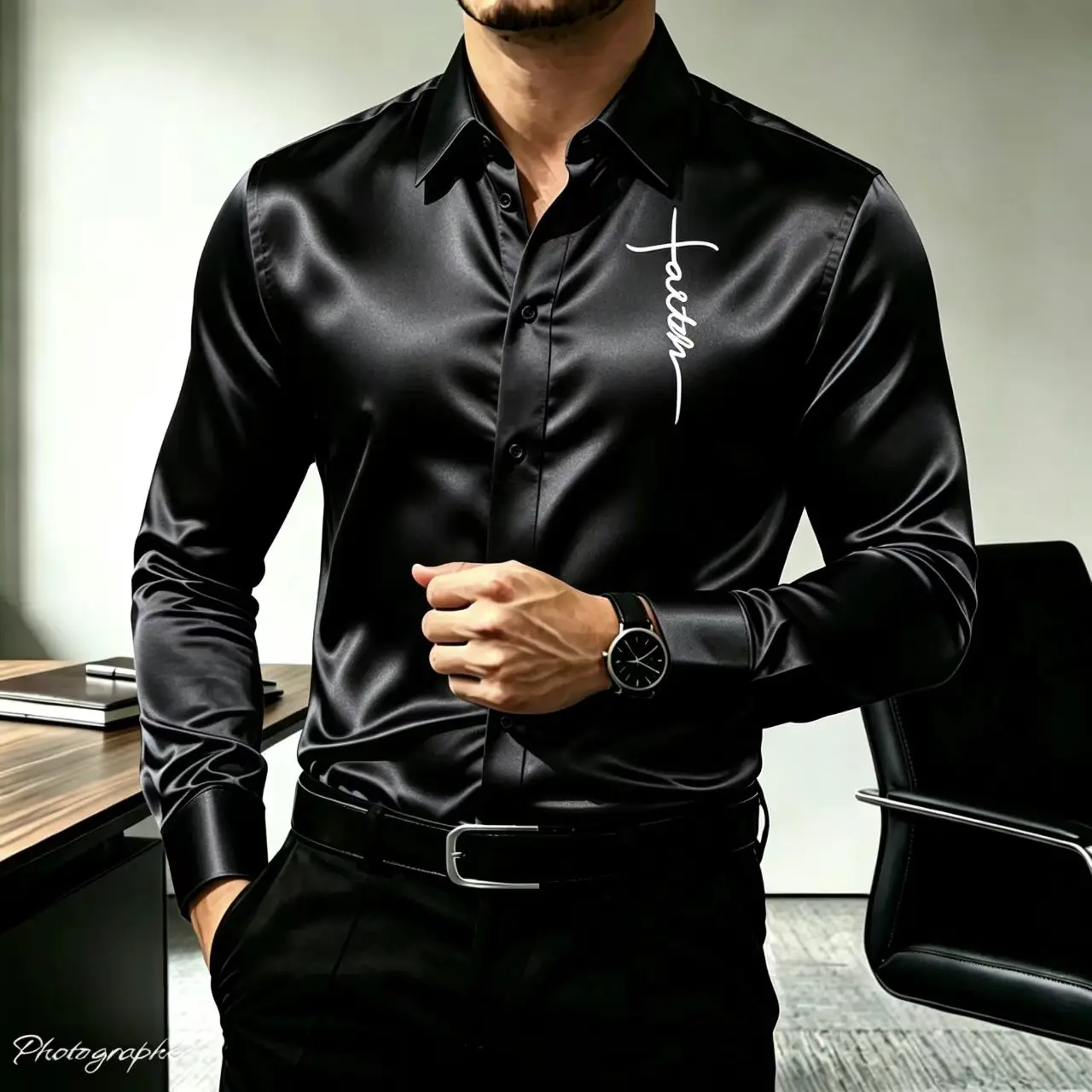 Men's Satin Silk Long Sleeve Dress Shirt Letter Print Slim Fit Button Down Business Casual Party Wedding Formal Top